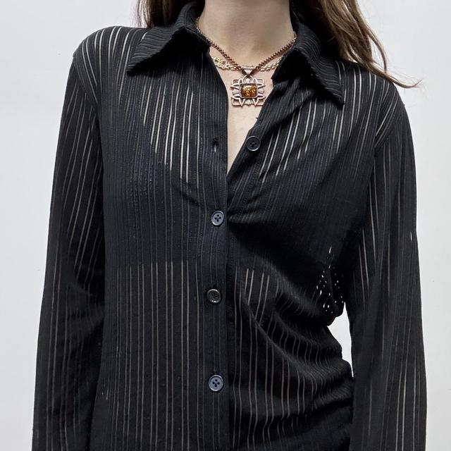 Black sheer pinstripe flared shirt