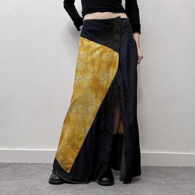 Asymmetric denim slit maxi skirt