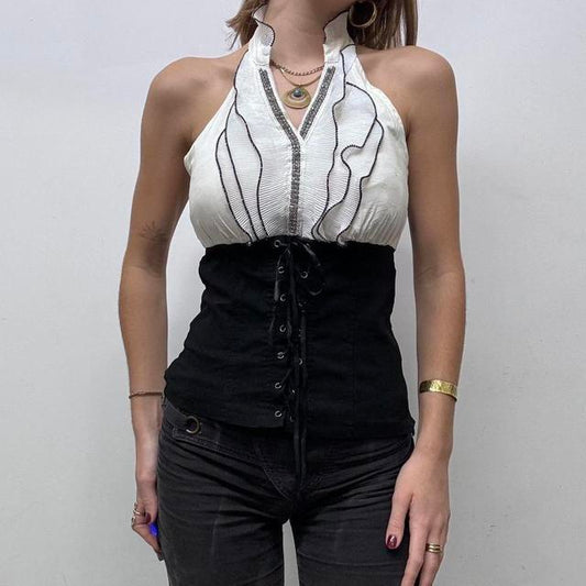 Corset lace up ruffle goth shirt