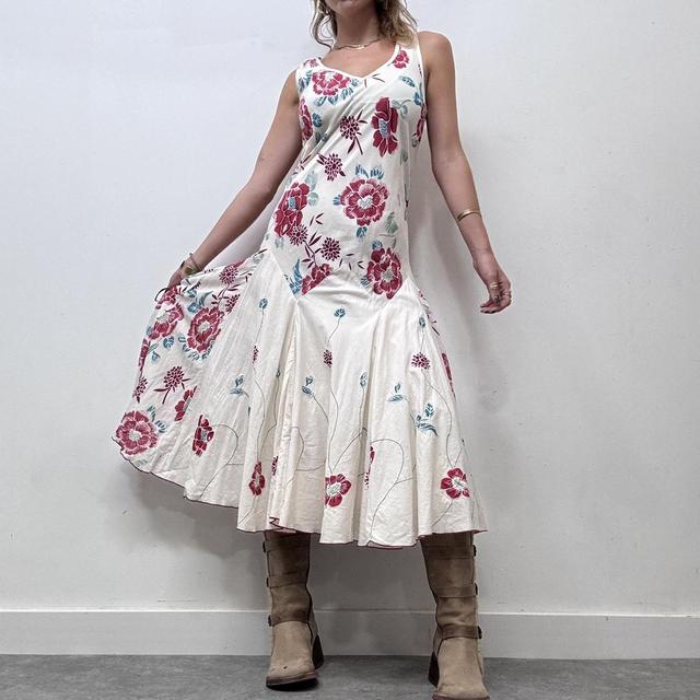 White flared bias cut floral maxi dress
