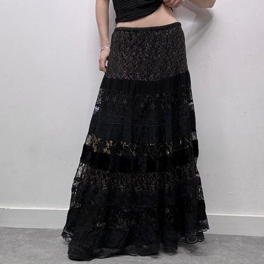 Black layered lace maxi skirt
