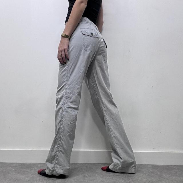 Grey pinstripe wide leg flared drawstring cargo pants