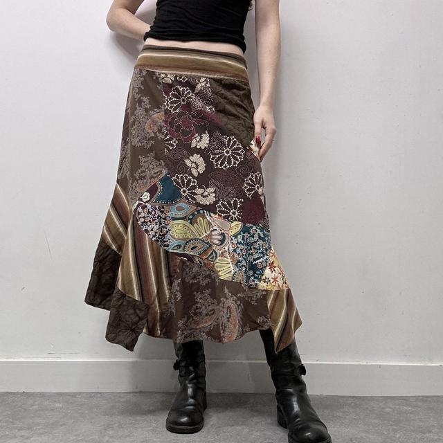 Brown floral patterned patchwork skirt