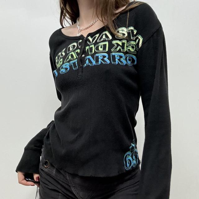 Black ribbed graphic print top