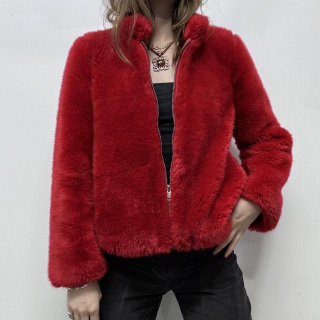 Red faux fur jacket
