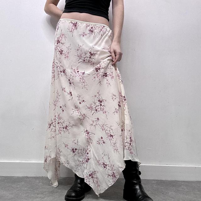 Sheer cream floral asymmetric maxi skirt