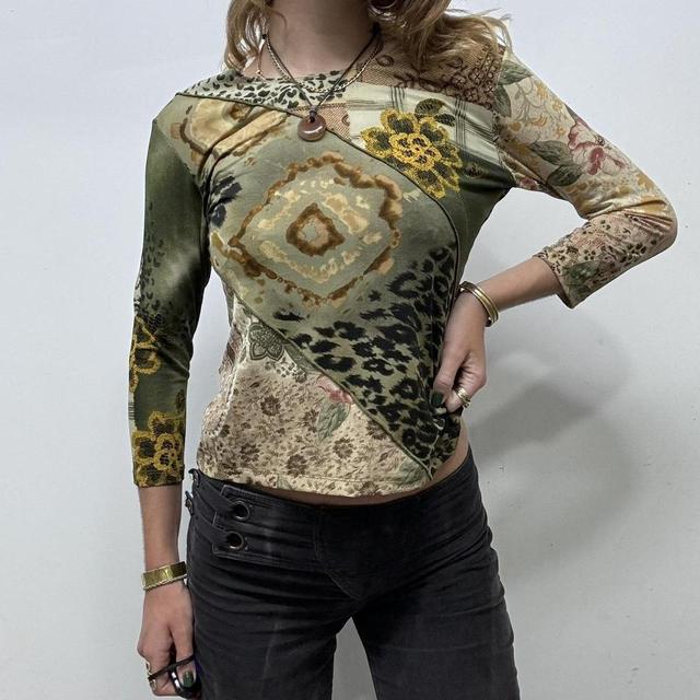 Sheer graphic khaki long sleeve top