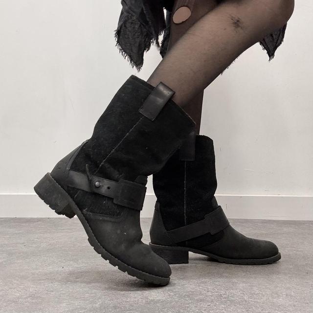 Black leather suede biker boots