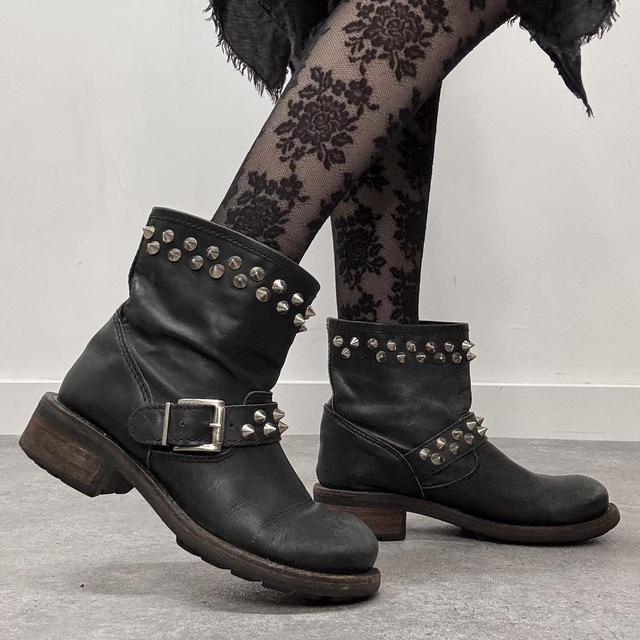 Black leather punk studded boots