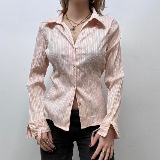 Pink pinstripe gathered crinkle shirt