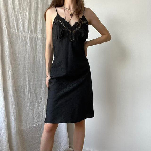 Black vintage slip dress - satin lace cami lingerie dress in black with sheer lace at bust