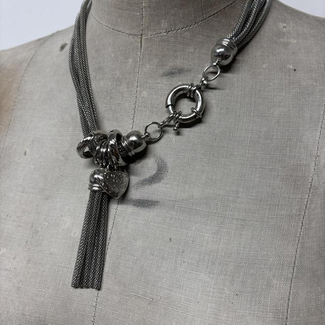 Layered chunky silver chain tassle necklace
