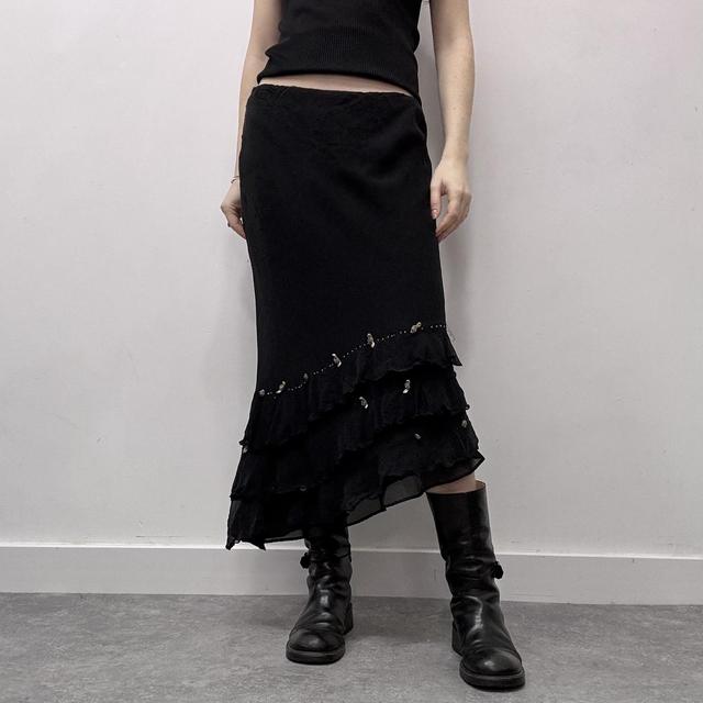 Black layered silk bow midi skirt