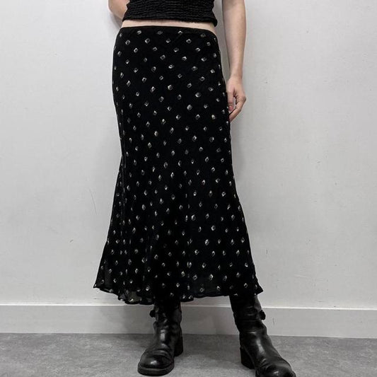 Black bias cut patterned summer skirt