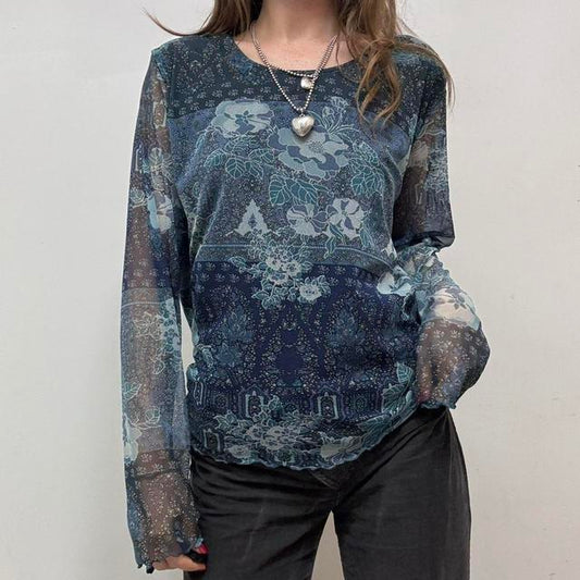 Distressed paisley print mesh top