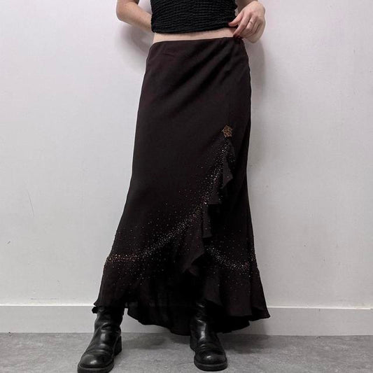 Brown ruffle flared maxi skirt