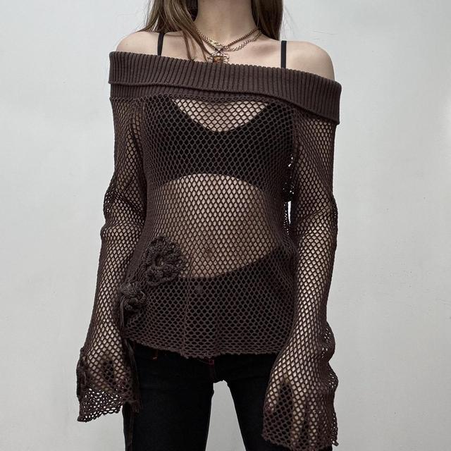 Sheer brown mesh lace off the shoulder top