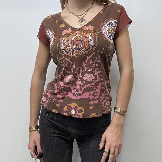 Y2k Paisley printed brown baby tee