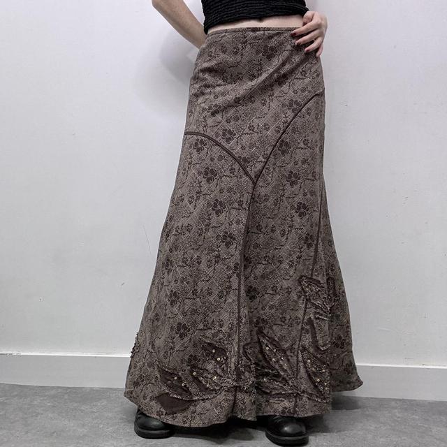Brown floral checked tweed style maxi skirt