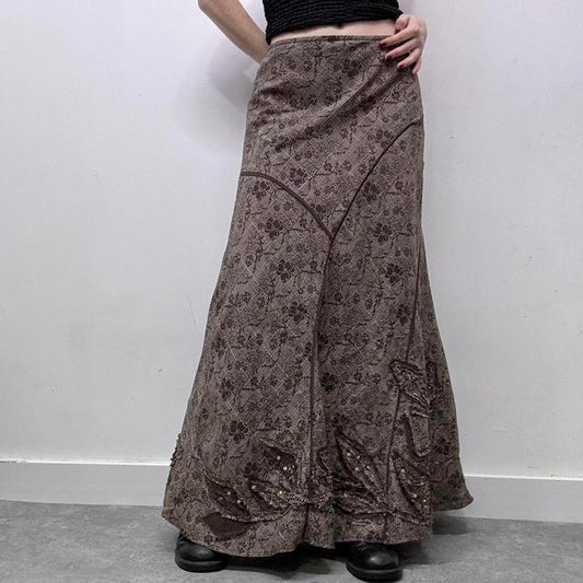Brown floral checked tweed style maxi skirt