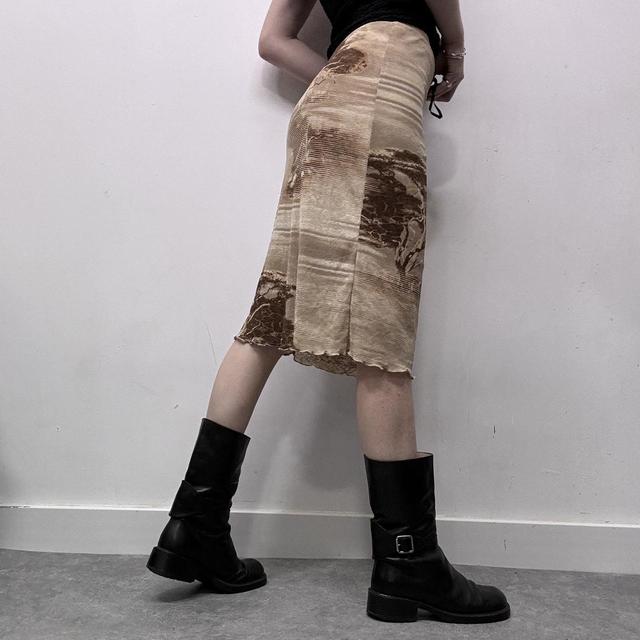 Brown graphic printed mesh midi skirt