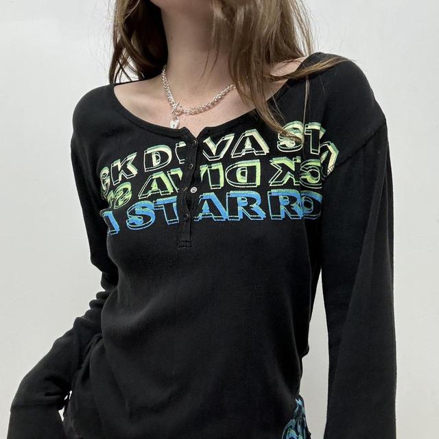 Black ribbed graphic print top