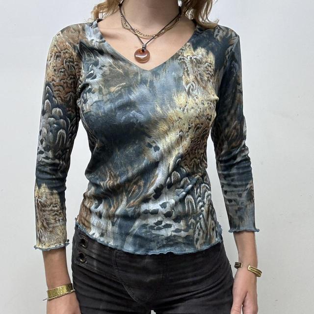 Sheer blue micro mesh paisley top