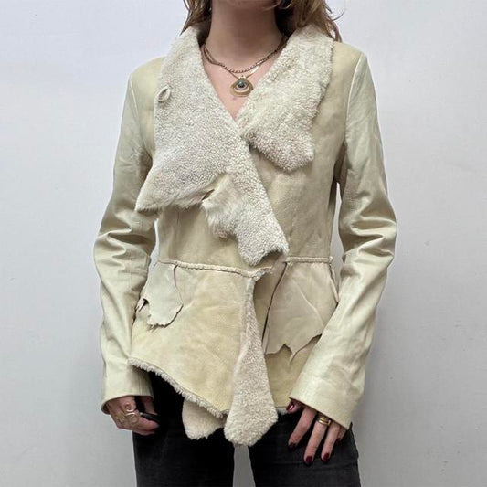 Patchwork fray shearling jacket