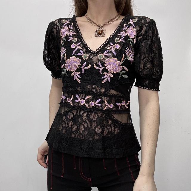 Sheer black lace embroidered top