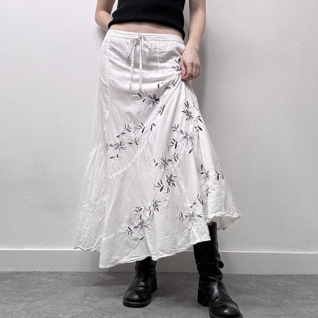 White flared embroidered maxi skirt
