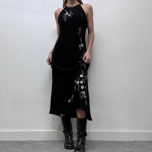 Black floral embelished asymmetric dress