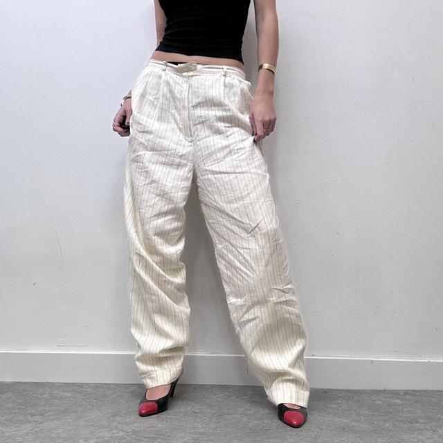 Oversized cream wide balloon leg pinstripe trousers