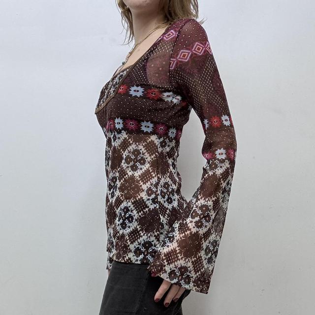Graphic printed y2k flared mesh shirt