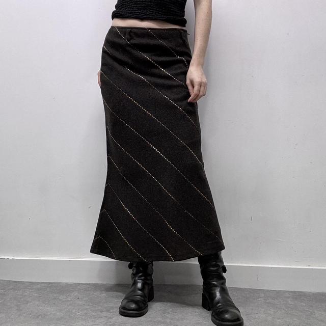 Brown pinstripe diagonal wool midi skirt