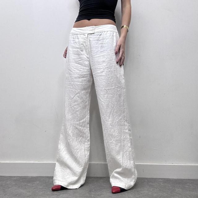 White linen flared wide leg trousers
