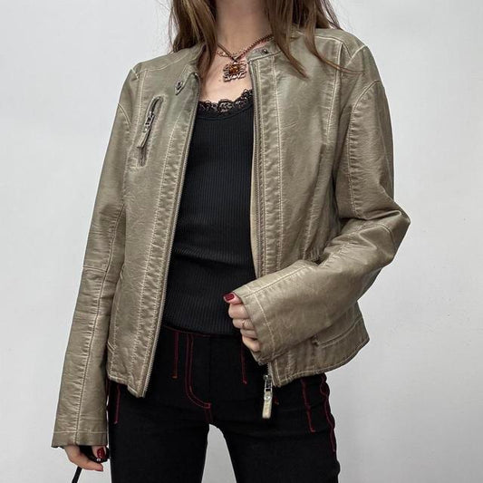 Distressed khaki vegan leather jacket