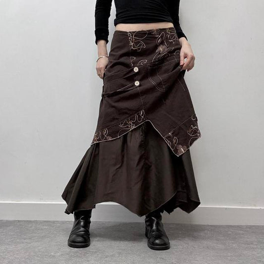 Brown layered embroidered maxi skirt