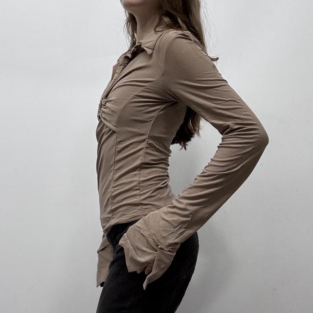 Tan fitted flare gathered shirt