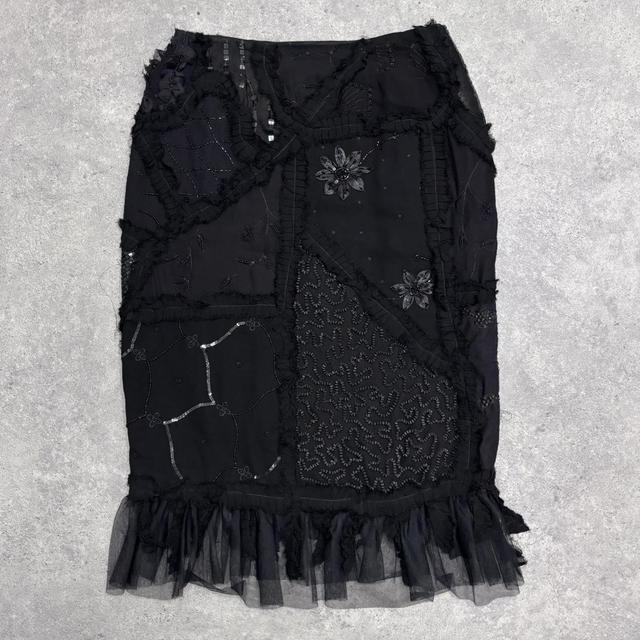 Black sheer embroidered lace midi skirt