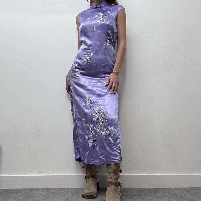 Embroidered silk high neck slit maxi dress