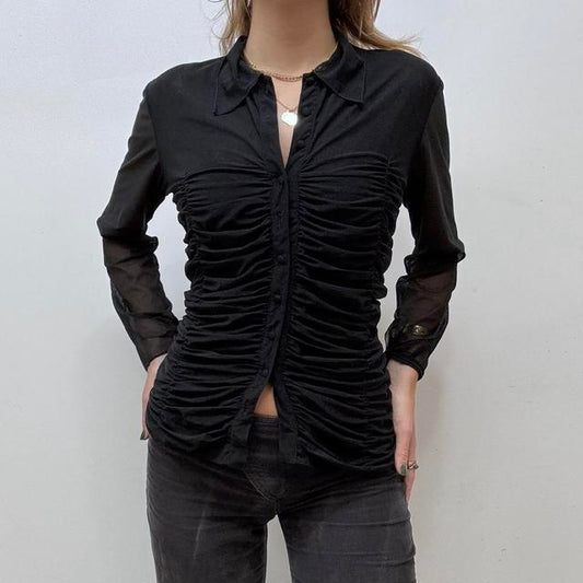 Sheer mesh gathered shirt