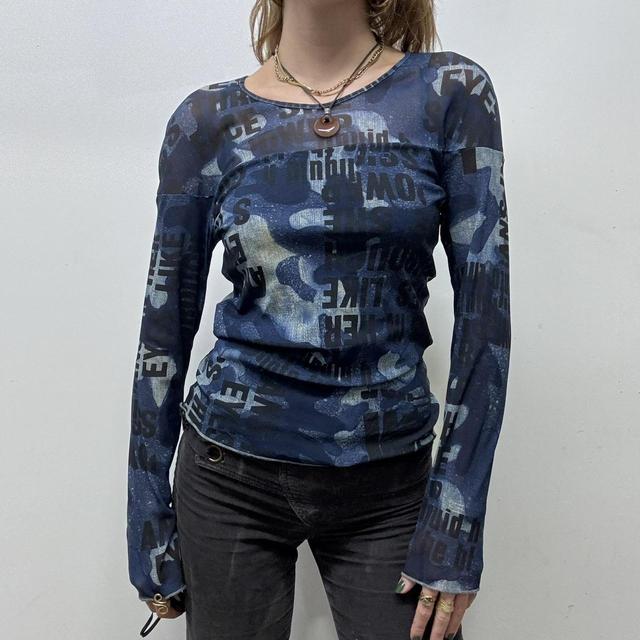 Sheer blue micro mesh text top