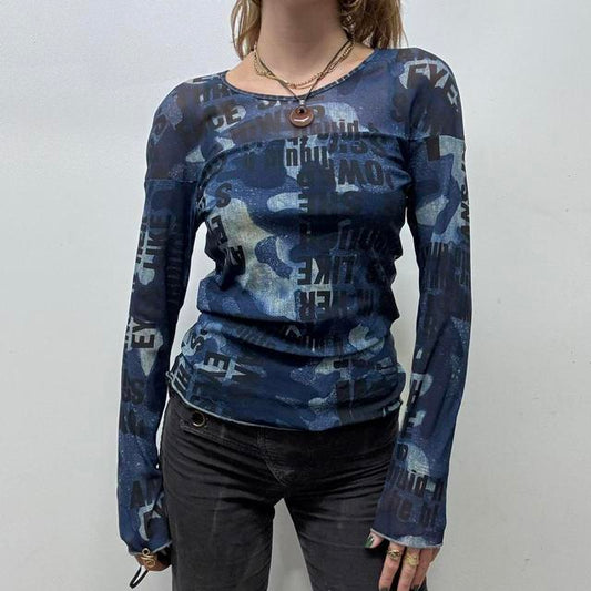 Sheer blue micro mesh text top