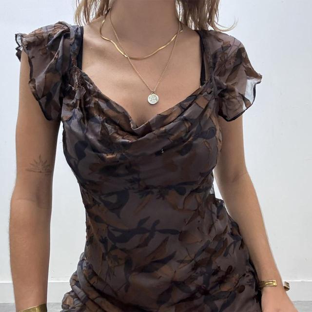Draped cowl neck floral velvet silk dress