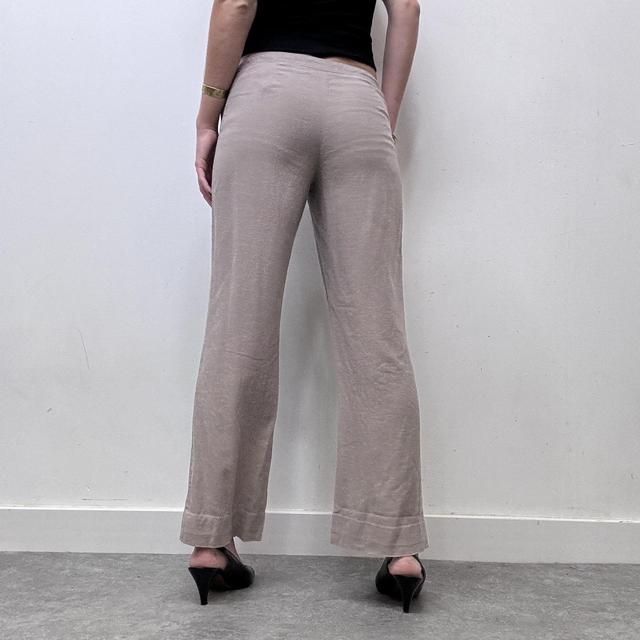 Beige flared wide leg linen trousers