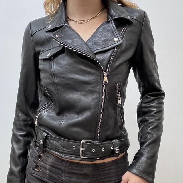 Cropped black leather biker jacket