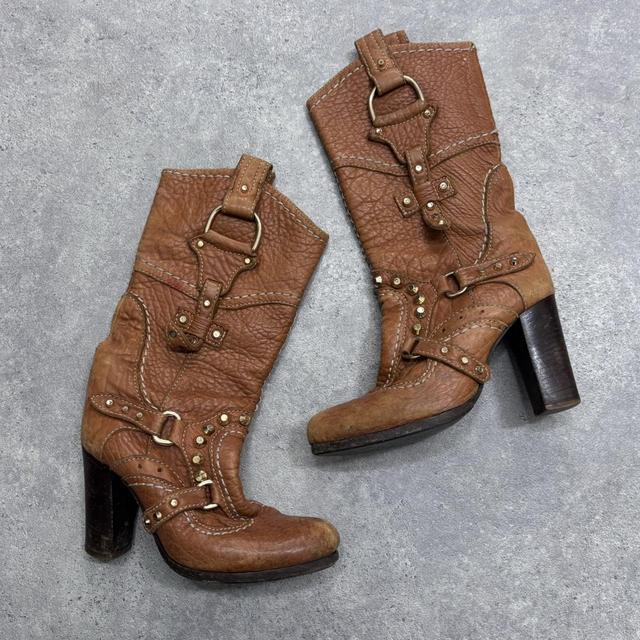 Tan leather studded heeled boots