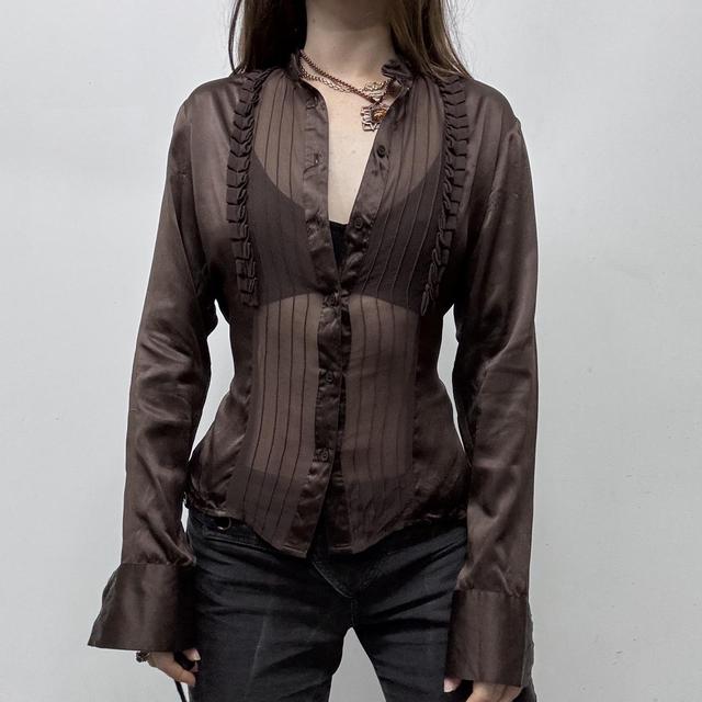 Brown sheer silk pinstripe ruffle shirt