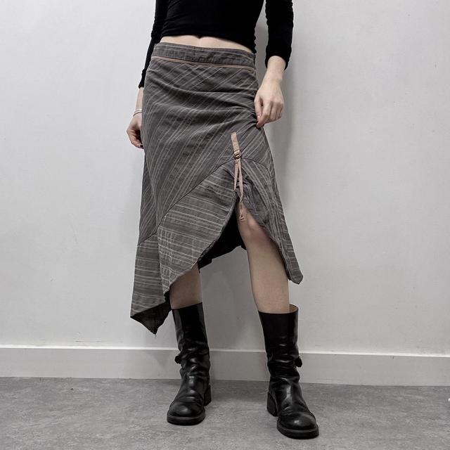 Brown pinstripe asymmetric midi skirt