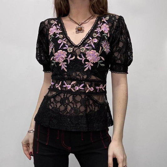 Sheer black lace embroidered top